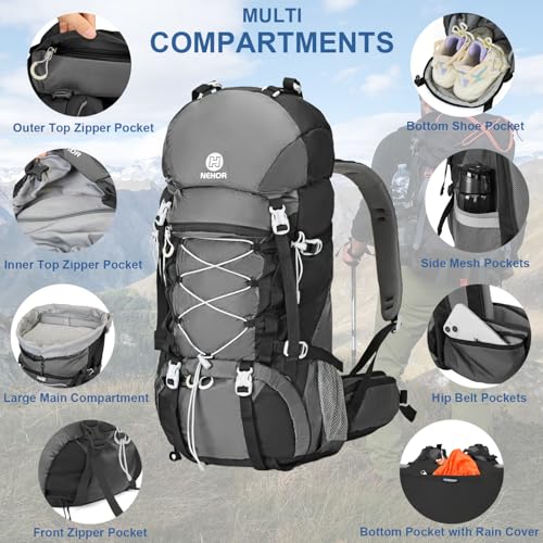 NEHOR 60L Hiking Backpack, Water Resistant Camping Backpack with Rain Cover, Large Lightweight Hiking Bag Outdoor Travel D...