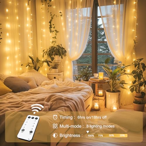 JMEXSUSS 300 LED Remote Control Curtain Lights, Plug in Fairy Curtain Lights Outdoor, Window Wall Hanging String Lights fo...
