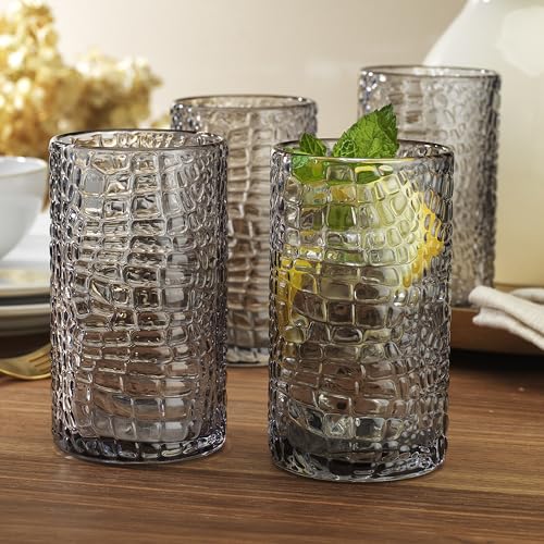 Glaver's Highball Glasses Set of 4 Smoke Drinking Glasses, 15 Ounce Crackle Textured Newly Designed Patent Glassware Heavy...
