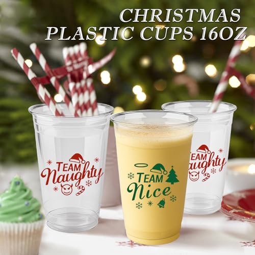 60 Pack Christmas Disposable Cups – 16oz Plastic Party Cups with Naughty or Nice Design Red Holiday Solo Cups, Perfect for...