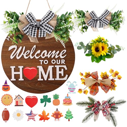 Interchangeable Welcome Sign for Front Door with 4 Seasonal Wreaths and 14 Changeable Icons, Farmhouse Front Door Signs, D...