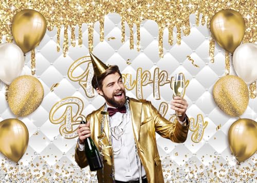 PGSWEER 7x5ft White Gold Birthday Backdrop Glitter Sequins Balloon Diamond Fluid Background Women Girls Men Luxury Party B...