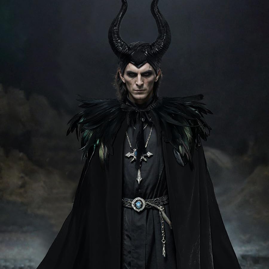 L'VOW Feather Shawl Cape Black Cloak with Demon Horns Set - Women's Halloween Wicked Queen Maleficent Costume