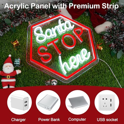 Santa Stop Here Neon Sign for Window Decor USB Powered Xmas Neon Wall Sign Festive Display Holiday Party Santa Stop Led Li...
