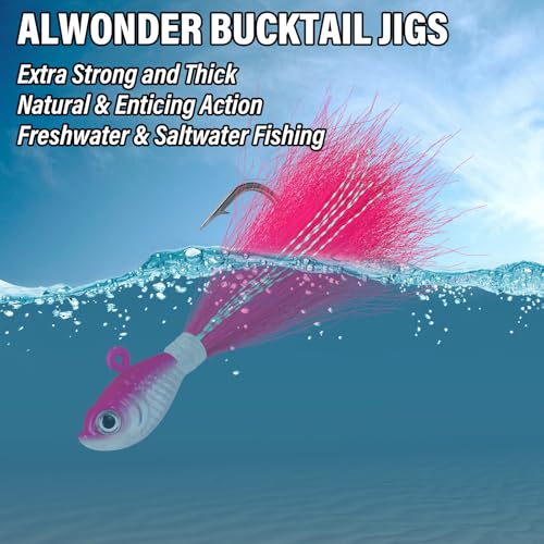 Alwonder 5-Pack Bucktail Jigs Hair Jigs Saltwater Freshwater Fishing Bucktail Lures Surf Fishing Jig Heads White Luminous ...