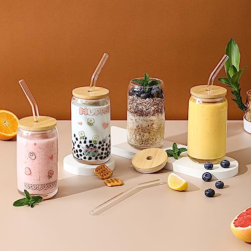 [ 12pcs Set ] Glass Cups with Bamboo Lids and Glass Straw - Beer Shaped Drinking Glasses, 16 oz Iced Coffee Glasses, Cute ...