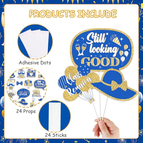 JOYMEMO 24Pcs Class Reunion Photo Booth Props, Blue Gold Best Class Ever Welcome Back Party Decorations, Reunion Party Pho...