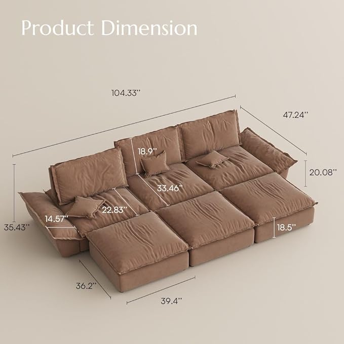 POVISON Oversized Modular Sectional Sailboat Sofa for Living Room with Adjustable Backrest Sectional Couches Large Deep Sofa Set 3 Seats Big with 3 Ottomans Comfy Cloud Couch for House Office