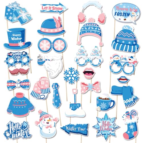 30 Pack Snowman Photo Booth Props, Winter Wonderland Snow Booth Props Winter Party Decorations