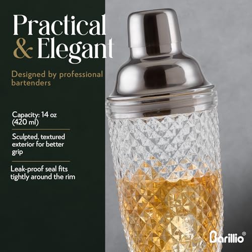 Barillio 14 oz Glass Cocktail Shaker | Cobbler Mixer with Built-In Strainer, Leak-Proof Clear Martini Shaker for Single-Se...