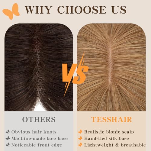 Human Hair Toppers for Women, 150% Density Hair Topper with Bang, No Tangle & Smooth, Upgrade 7x13cm Silk Base, 12 Inch #06 Light Brown