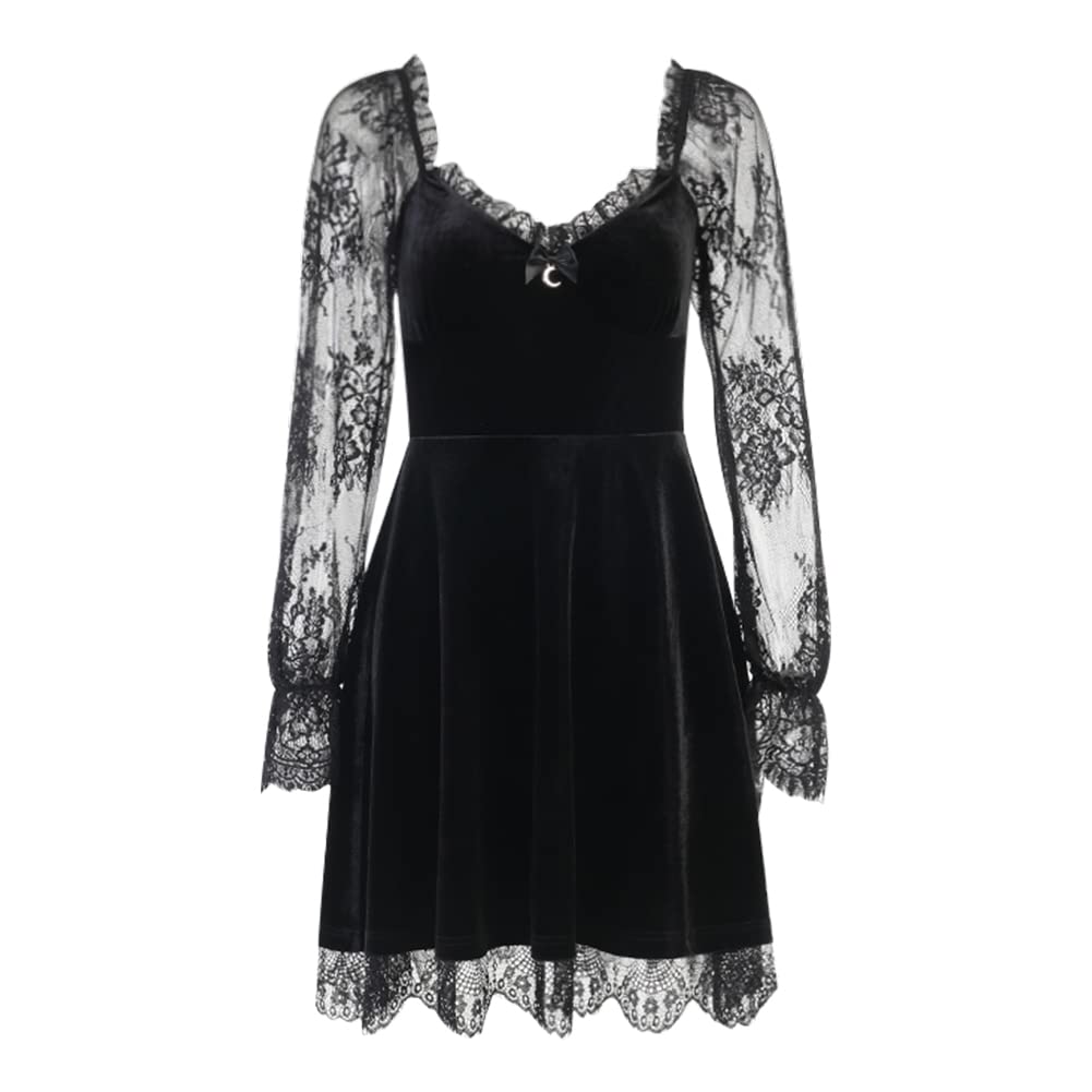 IKADEX Gothic Lolita Dress for Women Black Lace Dress Velvet Mini Dresses Goth Clothes for Teen Girls #A: Black S