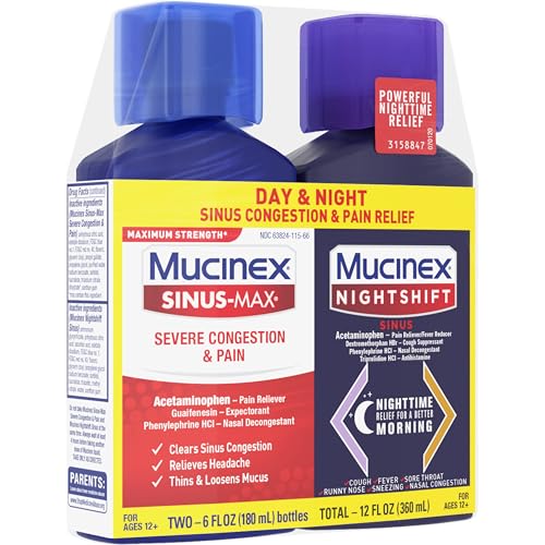 Mucinex Maximum Strength Sinus-Max Severe Congestion & Pain + Nightshift Sinus Liquid, Cold and Flu Medicine for Adults, Over-The-Counter Medication for Multi-Symptom Relief, 2x6 Fl Oz