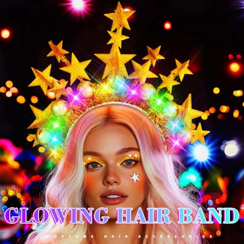 JONKY Light up Star Headband Gold Ball Hair Band Glow Rave Costume Hair Accessories for Women