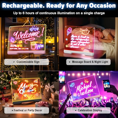 16-Inch Rechargeable Doodle Glow LED Note Board, 7-Color Light Modes, Neon Art Dry Erase Light Up Drawing Pad with Built-i...