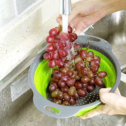 Qimh Collapsible Colander Set of 3 Round Silicone Kitchen Strainer Set - 2 pcs 4 Quart and 1 pcs 2 Quart- Perfect for Drai...