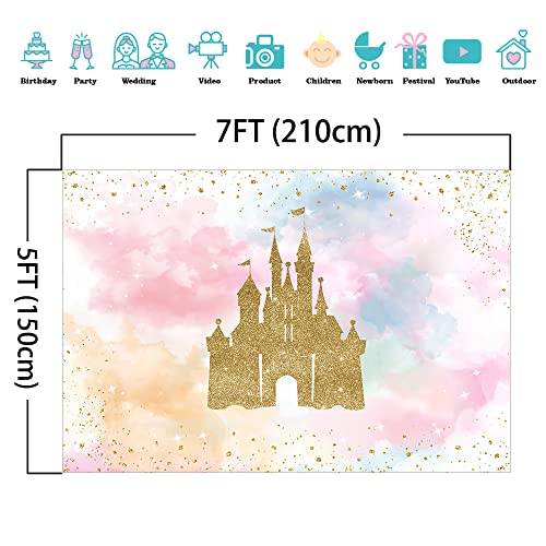 Mocsicka Princess Castle Birthday Backdrop Watercolor Pastel Rainbow Birthday Background Gold Glitter Royal Party Cake Tab...