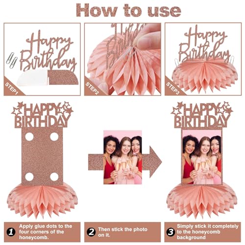Bumqviy 8Pcs Rose Gold Birthday Decorations Honeycomb Centerpieces for Women Girl, Pink Rose Gold Glitter Birthday Photo T...