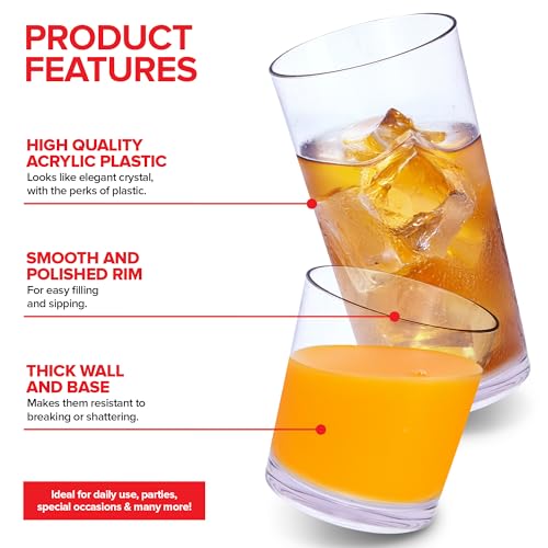Clear Plastic Drinking Glasses (8 Piece) Shatter Proof Acrylic Drinkware Cup Set 12 & 16oz Combo Pack For Home, Outdoors R...