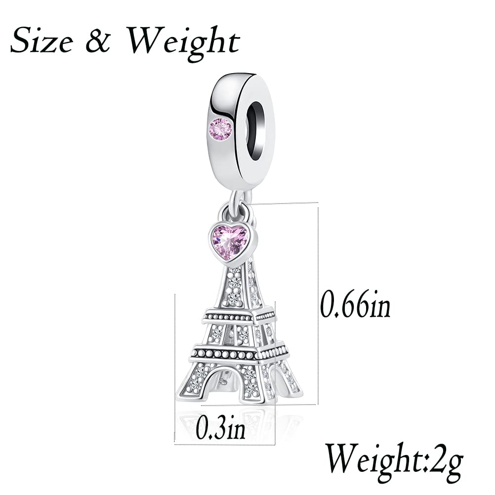 YQSLIN Eiffel Tower Dangle Charm Pink Rhineston Heart Love Travel Paris Bead Charms fit Pandora Charm Bracelet Necklace for Wome