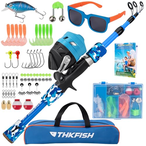 Kids Fishing Pole Set, Telescopic Fishing Rod Reel Combo Kids Starter Kit with Lures Tackle Box, Foldable Stool and Portab...