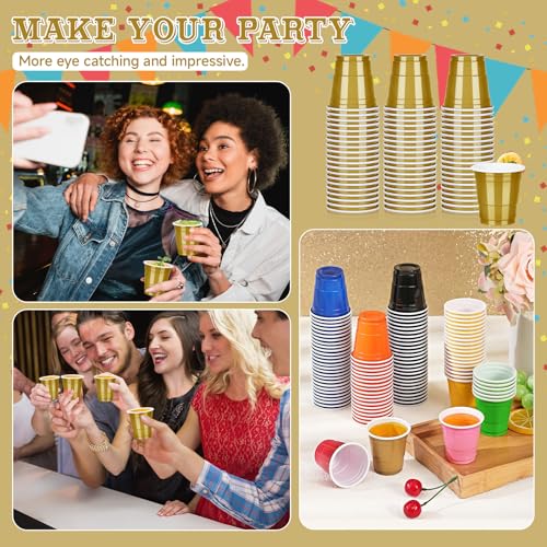 Pineburg 100Pack 2oz Mardi Gras Disposable Shot Glasses, Gold Plastic Shot Glasses, Mini Disposable Cups for Parties Valen...