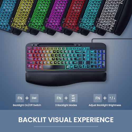 VEILZOR Wired Ergonomic Keyboard, 7-Color Backlit USB Computer Keyboard with Wrist Rest, Wave Keys, Phone Holder, Lighted ...