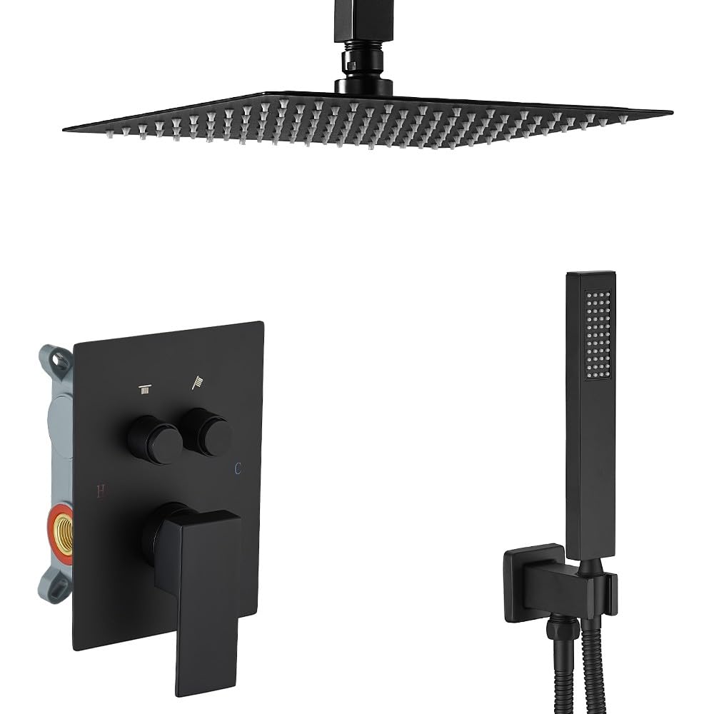 JingGang Matte Black Shower System with Push Button Diverter, Ceiling Mount Luxury 12 Inch Rain Shower Head with Handheld Spray, Shower Faucet Combo Set with Rough-in Valve Body and Trim Kit Included