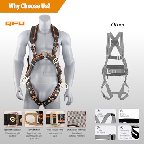QFU Full Body Safety Harness & Fall Protection Kit with Padded Straps, ANSI Compliant, Includes Shock-Absorbing Lanyard fo...