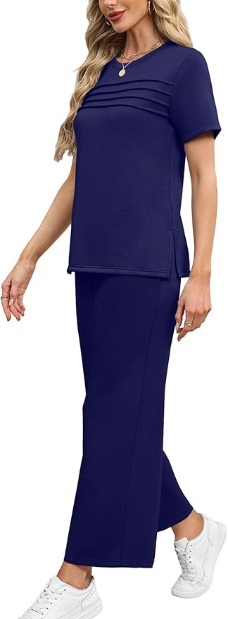 WIHOLL Two Piece Sets for Women Summer Travel Vacation Outfits Short Sleeve Lounge Sets Side Slit Wide Leg Pants S-3XL