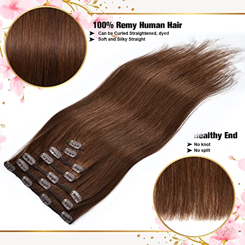 Remy Brown Clip in Hair Extensions Human Hair 120g 7Pcs Medium Brown Silky Straight Human Hair Clip in Hair Extension 22 Inch Human Hair Extensions Clip ins