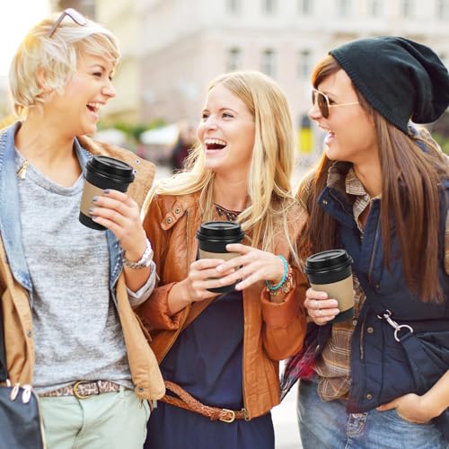 Ginkgo 100 Pack 12 oz Disposable Coffee Cups with Lids and Sleeves, To Go Leak-Proof Black Paper Cups for Picnics, Partie...