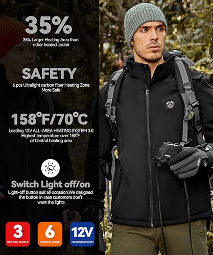 Men's Heated Jacket with Detachable Hood, Waterproof Winter Outdoor Coat Electric Insulated jackets with Battery Pack