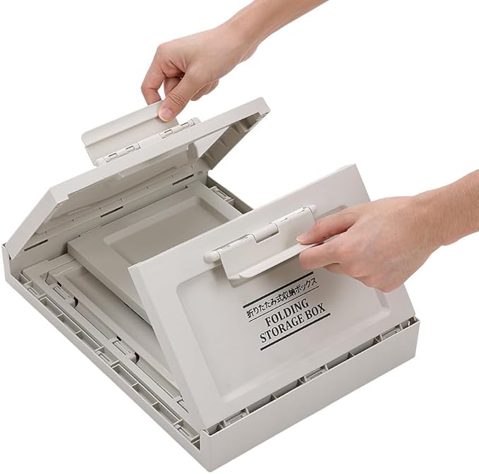 Storage Bin Tote, 55 Qt, Closet Organizer, Collapsible, Wood Lid, 2 Side Doors, Stackable, Plastic (Grey print + wooden lid + roller)