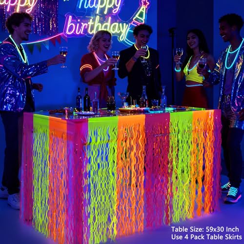 PIGETALE Glow in The Dark Party Supplies, 2 Pack Neon Fluorescent Wavy Metallic Tinsel Foil Fringe Table Skirts, 29.5x108 ...