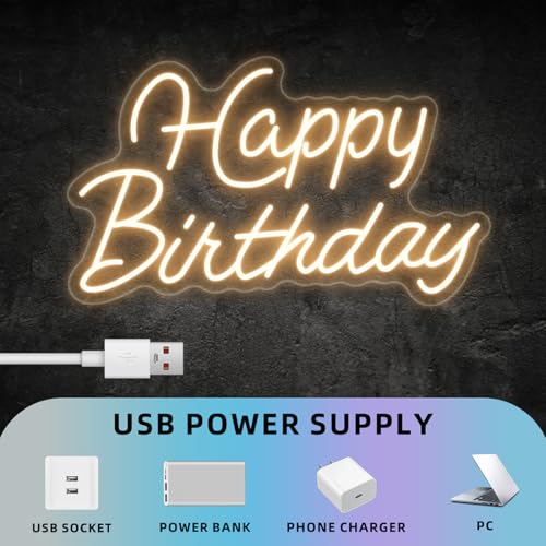 Happy Birthday Neon Sign for Wall Decor,Led Happy Birthday Neon Light Sign,USB Powered Dimmable Light Up Sign for Birthday...
