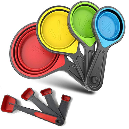 Collapsible Silicone Soft Measuring Cups and Measuring Spoons,8 pieces Portable Food Grade Silicone Measurement Cup for Li...