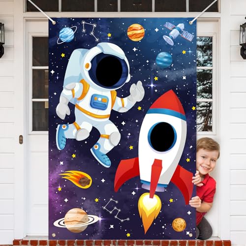 Outer Space Themed Party Decorations Astronaut Photo Booth Prop Backdrop Rocket Ship Galaxy Planet Starry Photography Back...