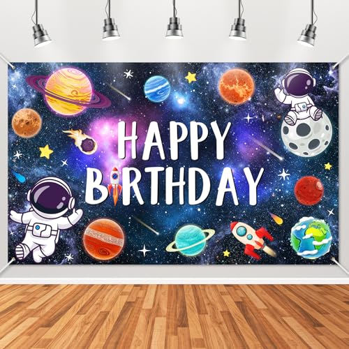 Mocsicka Space Happy Birthday Decorations Backdrop Astronaut Rocket Banner Solar System Planets Space Boys Birthday Party ...