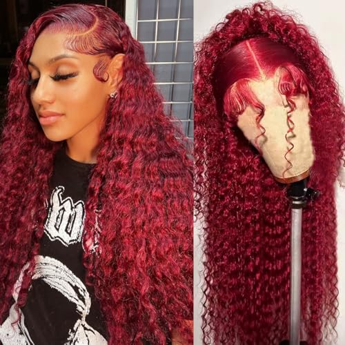 Red 99j Burgundy Wig Human Hair Red Burgundy Wig 200 Density 13x6 Deep Wave Lace Front Wigs Curly Human Hair Wig For Black Women Pre Plucked Transparent HD Lace Frontal Wig 18 Inch