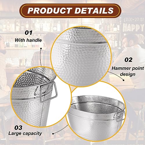 Uiifan 2 Pcs 24 Quart 6 Gallon Hammered Stainless Steel Beverage Tub Heavy Duty Oval Metal Large Ice Bucket for Drinks Buc...