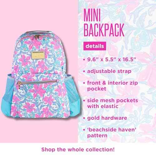 Lilly Pulitzer Small Backpack with Pockets, Adjustable Straps and Top Handle, Bookbag for Work and Travel (Beachside Haven)