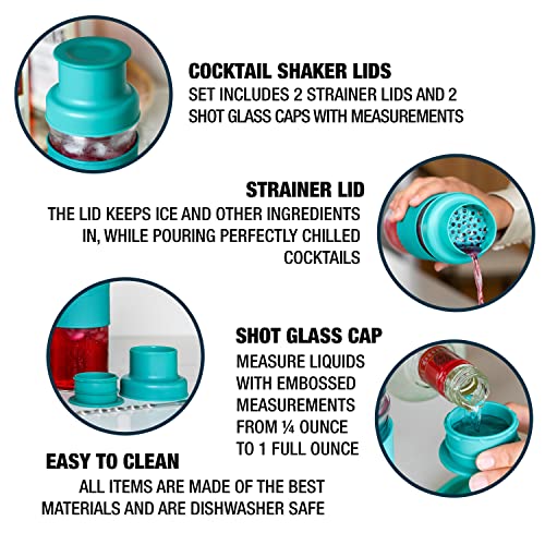 Masontops Cocktail Shaker Lids – Compatible with any Regular Mouth Mason Jar – 2-Pack with 1oz Jigger Caps - Teal