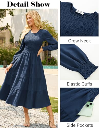 GRACE KARIN Women's Fall Long Sleeve Dresses, 2025 Wedding Guest Midi Dress, Smocked A Line Flowy Dresses with Pockets