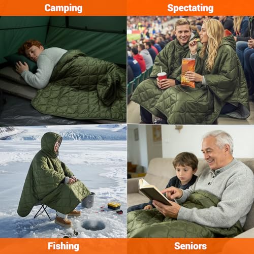 FUNANASUN Recycled Wearable Sleeping Bag, 4-in-1 Poncho Blanket Hoodie with 650FP Insulation, Ultralight Packable for Adul...