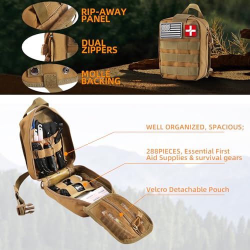 Survival First Aid Kit, Molle Medical Pouch 288PCS Outdoor Emergency Survival Gear and Equipment for Hiking Camping Huntin...