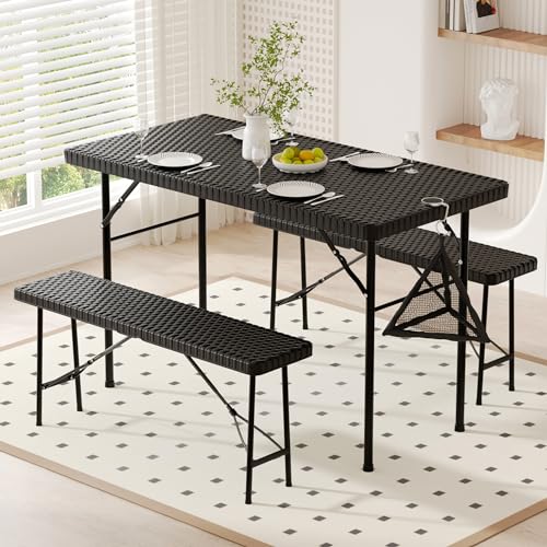 VECELO Dining Table Set for 4, Faux Rattan Card Folding Dinette for Small Space with 2 Benches, Kitchen/Breakfast Nook/Liv...