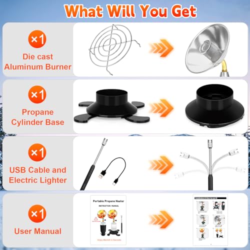 Portable Propane Heater for Camping, Outdoor Small Space Patio Heater with Control Valve, Radiant Cordless Garage Tent Hea...