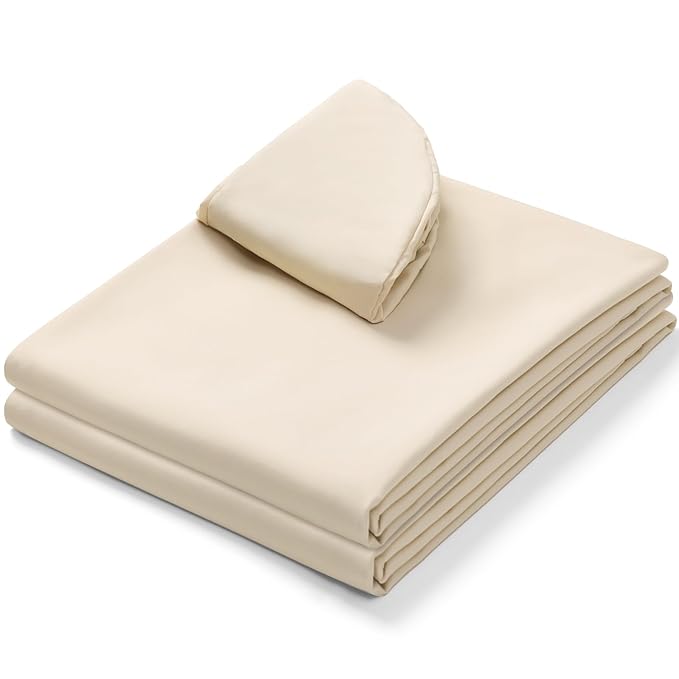 Comfyanno Massage Table Sheets Sets, 3 Pcs Professional Microfiber Massage Bed Cover Sheets, Soft, Light-Weight, Stain & Wrinkle Resistant, Includes Flat & Fitted Sheet, Face Cradle Cover - Natural