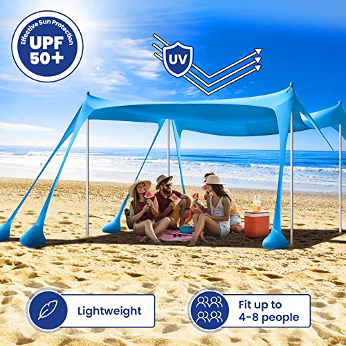 Rhino Valley Beach Tent Shade Canopy UPF50+ Protection, 8 Sandbags, 4 Stability Poles, Outdoor Sun Shelter Umbrella for Sa...